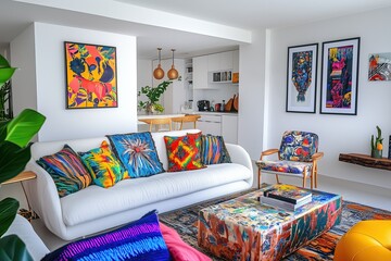 Stylish modern living room with vibrant art and colorful decor showcasing a bright atmosphere in a contemporary home