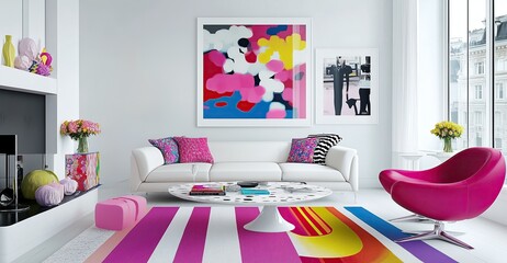 Modern living room with colorful decor and large windows showcasing vibrant art and stylish furniture in bright sunlight