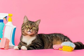 Gray tabby cat with white paws and pink nose lies on pink surface. Gazing upwards, cat is near blue spray bottle and yellow brush on left side. Yellow and pink toy mouse on right side.