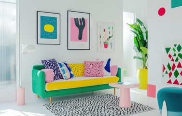 Colorful modern living room with vibrant artwork, playful decor, and natural light filling the...