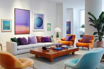 Modern living room design featuring colorful furniture and vibrant artwork in a stylish urban apartment during daytime