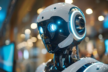 Humanoid robot Videoconferencing With Senior Colleague On Desktop Computer, robot, video, ai, artificial, conference, intelligence, code, meeting, tech, machine, webinar, technology, future