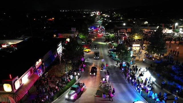 Autumnfest in Yucaipa, California, the Classic Car Show as people enjoy the car show as seen from a drone 