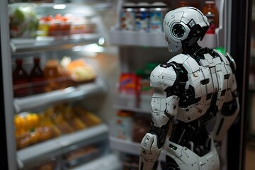 Fototapeta premium Rear View Of A Confused Humanoid Robot Looking At Food In Refrigerator