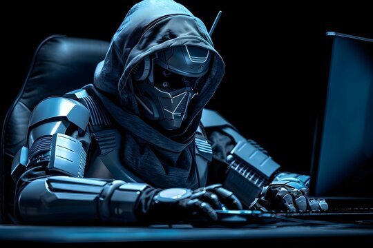 Humanoid Robot Malware Attack. Business Computer Hacked. Security Breach.