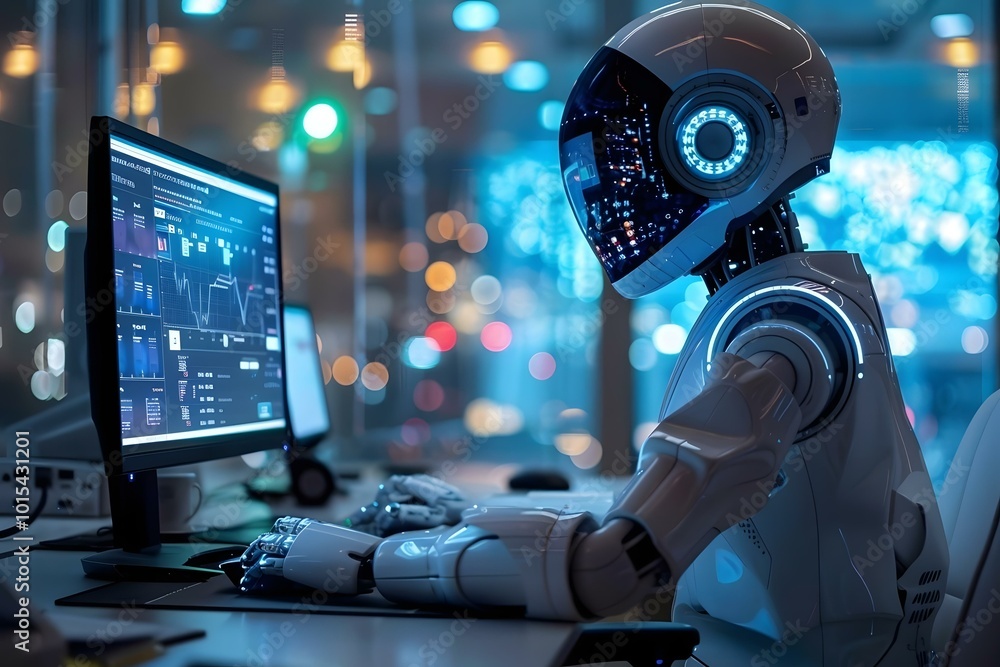 Aufkleber humanoid robot sitting at a desk watching an online presentation on the computer monitor.