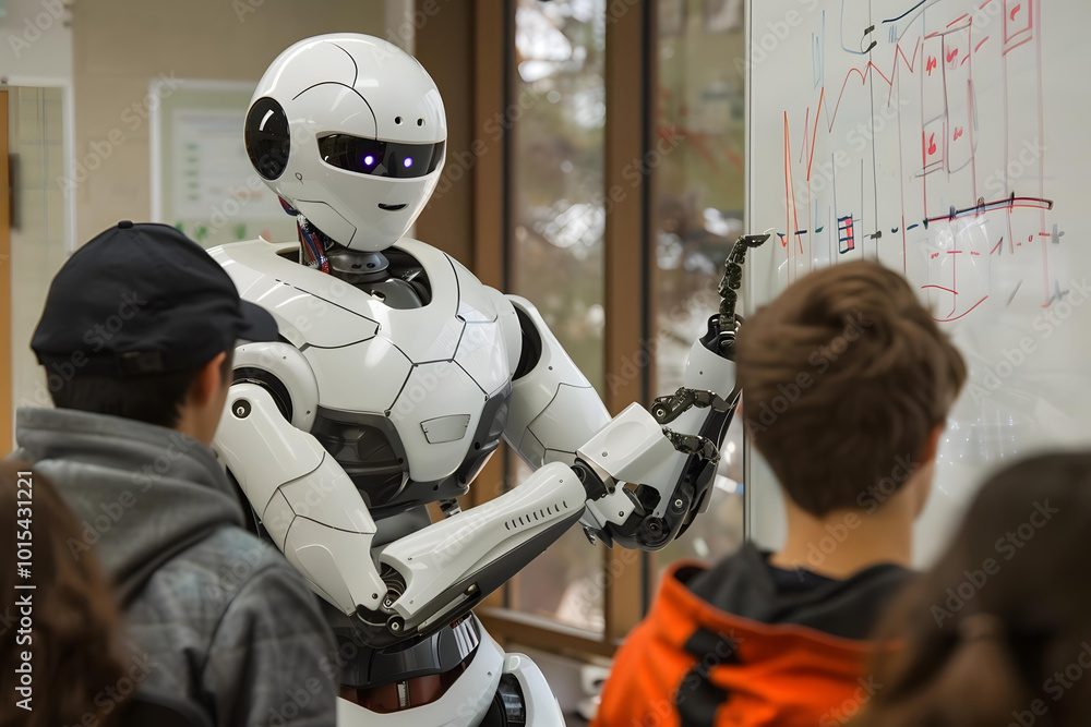 Poster humanoid robot showing graphs drawn on whiteboard to college students in classroom.