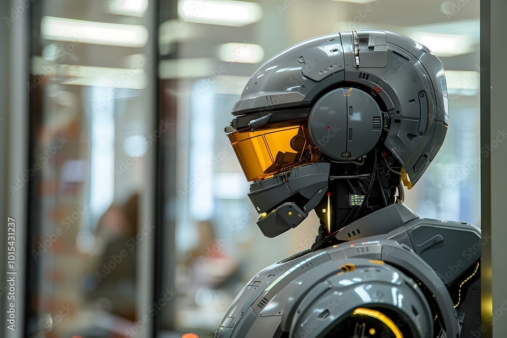 Aufkleber side view of a humanoid robot looking out of a window from an office building