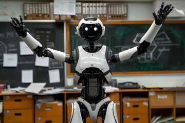 Humanoid robot with arms raised answering teacher in mathematics class, robot, mathematics, ai, artificial, teacher, intelligence, code, student, tech, machine, question, technology, future
