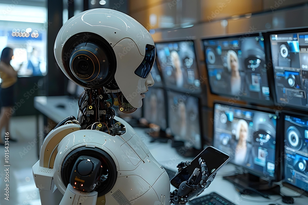 Poster humanoid robot looking at multiple camera footage on computers while talking on phone, robot, camera