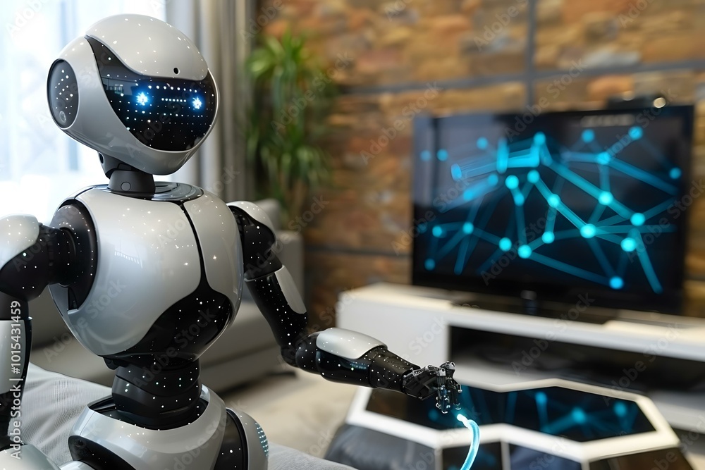 Poster humanoid robot connecting television and digital table through wireless internet signal at home