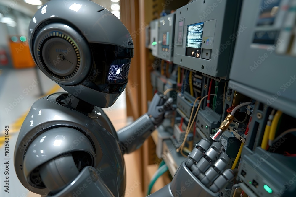 Poster side view of humanoid robot technician examining fusebox with multimeter probe.