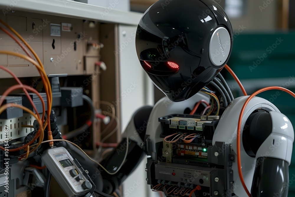 Poster closeup of humanoid robot examining fusebox with multimeter probe.