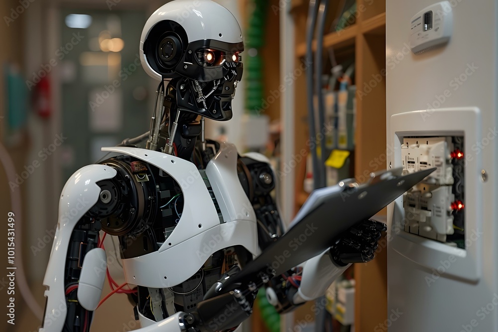 Poster cropped image of humanoid robot holding clipboard while examining fusebox.