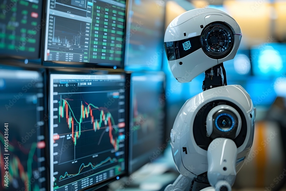 Poster side view of a humanoid robot stock market broker analyzing graphs on multiple computer screens