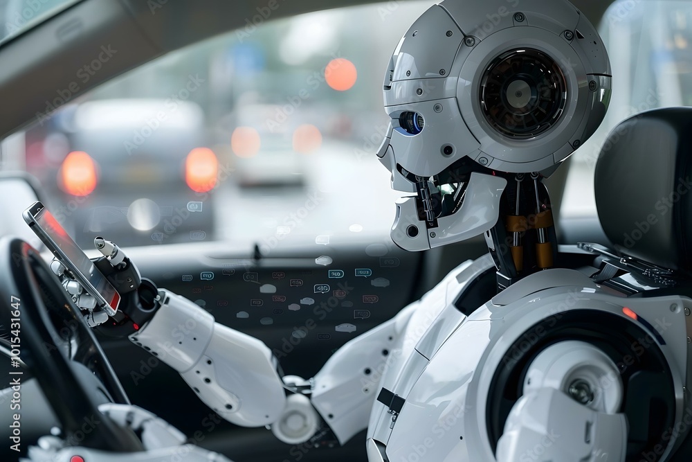 Poster close-up of a humanoid robot's hand sending text message by mobile phone while driving car.
