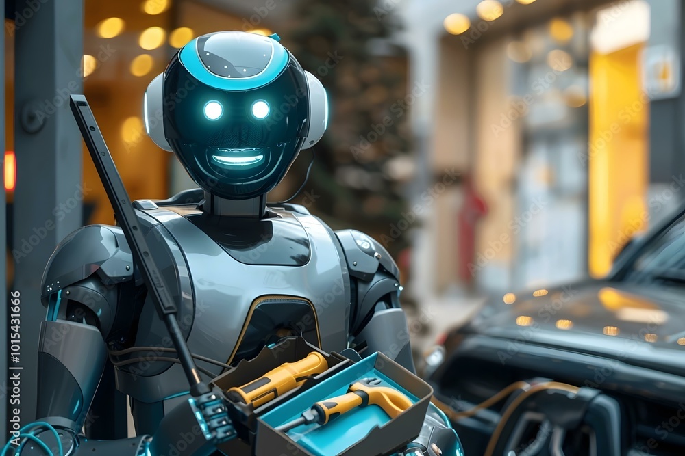 Poster smiling humanoid robot with toolbox and cable standing in front of vehicle