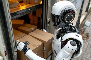 Directly above shot of humanoid robot unloading cardboard boxes from truck on street.