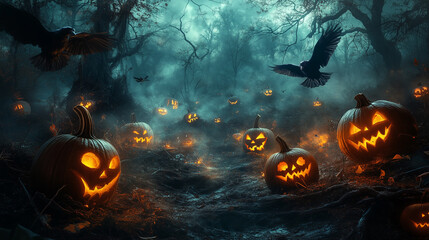 Fototapeta premium Halloween background with pumpkins, thick fog, pumpkin lanterns