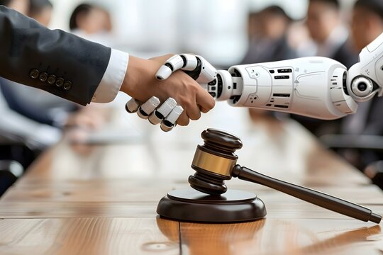 Gavel on wooden table with judge and client shaking hands in background at humanoid robot, lawyer, ai, artificial, courtroom, intelligence, code, client, tech, machine, handshake, technology