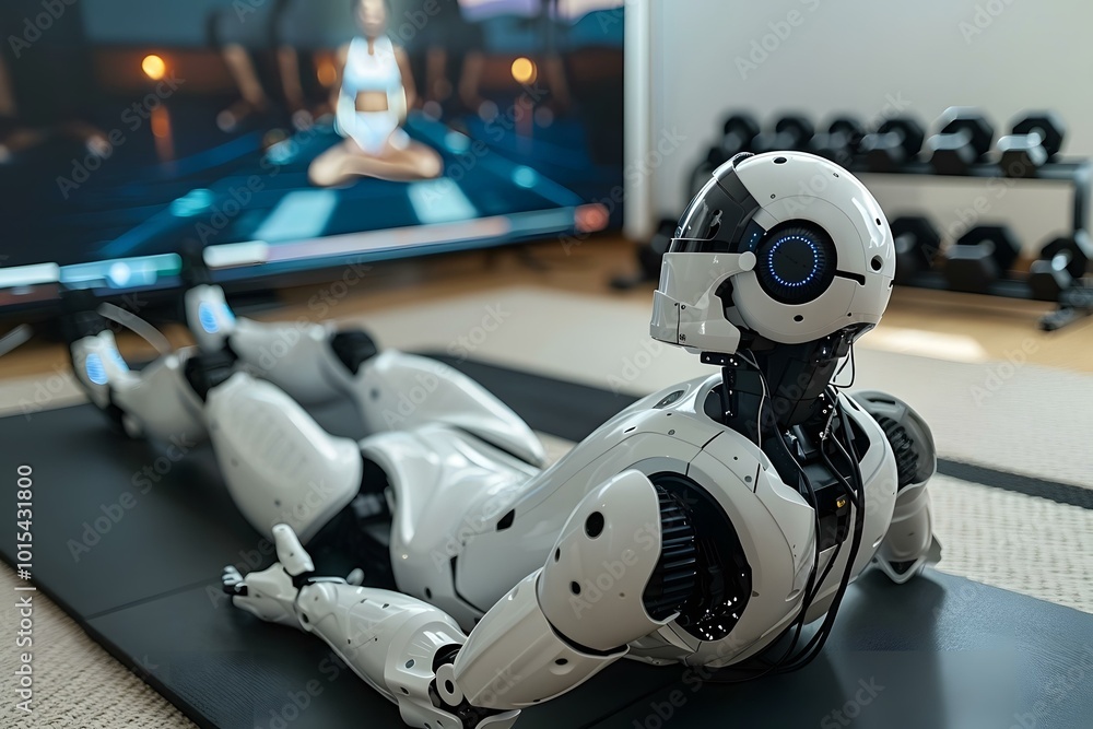 Poster humanoid robot working out at home lying on a mat doing liftups and head raises while watching and p