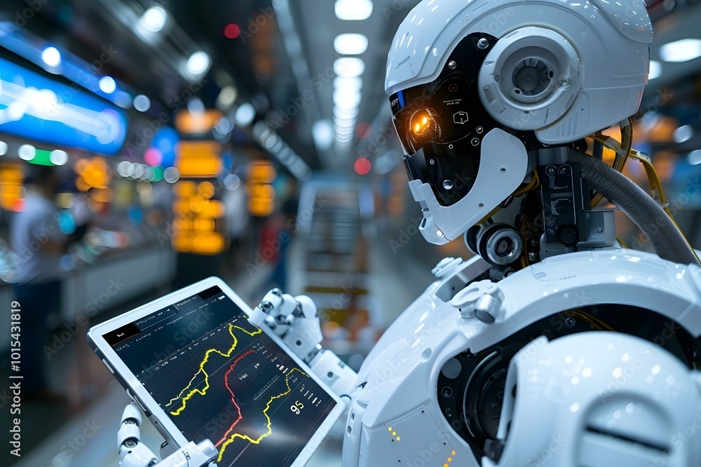 Poster close-up of humanoid robot looking at graph on digital tablet and mobile phone