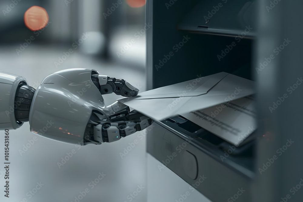 Poster close-up of humanoid robot's hand holding envelope and inserting in mailbox.