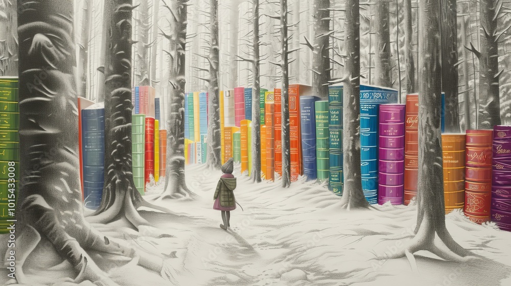Poster a surreal winter scene where a child walks through a snowy forest filled with towering stacks of col