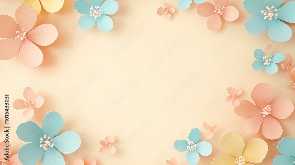 Poster a collection of paper blooms against a pastel backdrop with ample space for text on the right side o