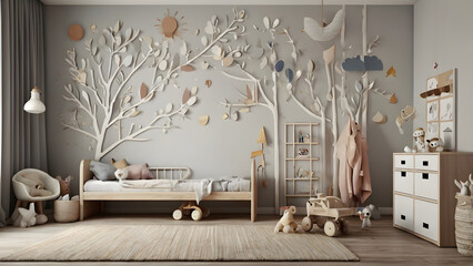 Scandian Style Wall Model of Children's Room 3D Render generative ai