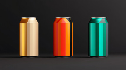 Three aluminum beverage cans with different colored designs on a black background.