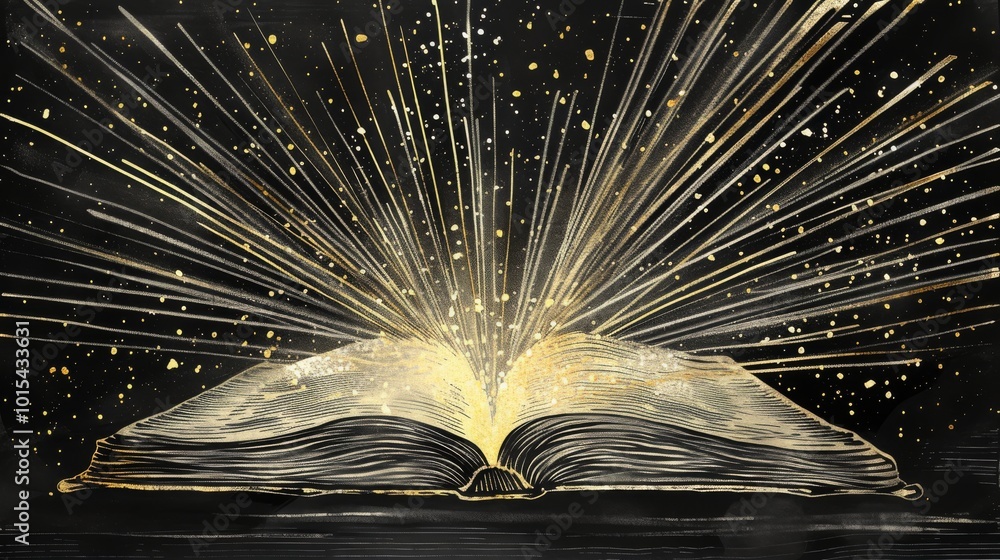Poster an open book shoots out bright golden rays in a dark environment, giving the scene a dynamic and ene