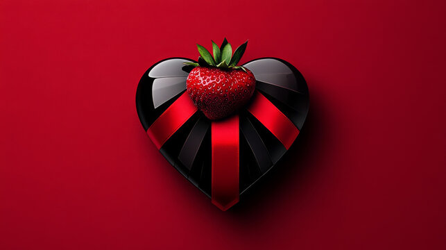A black heart-shaped box with a red ribbon and a fresh strawberry on top, a romantic gesture for Valentine's Day.