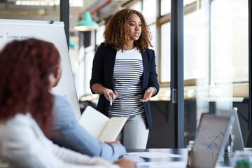 Business woman, meeting and discussion with presentation for brainstorming, proposal or ideas at office. Young, female person or employee explaining mission to group in conference for staff training