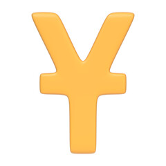 Yellow yen currency symbol isolated on a white background, representing Japanese or Chinese currency. 3D icon, sign and symbol. Front view. 3D render illustration