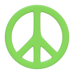 Green peace symbol isolated on a white background, representing global peace, unity, and nonviolence. 3D icon, sign and symbol. Front view. 3D render illustration