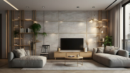 Fototapeta premium Model wall in living room background 3D render generative ai