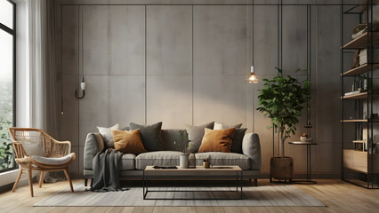 Model wall in living room background 3D render generative ai