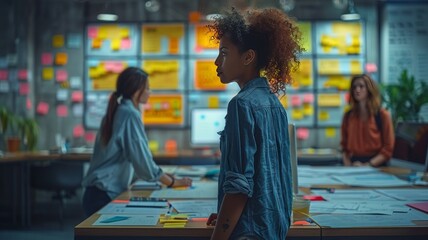 A dynamic scene of a design sprint workshop, with designers brainstorming ideas, using whiteboards, post-it notes, and laptops, capturing the collaborative spirit of UI/UX design