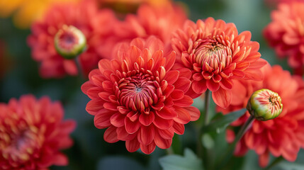 Close-up of vibrant red chrysanthemum flowers in full bloom