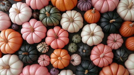 Fototapeta premium A cluster of pumpkins positioned atop a dark countertop adjacent to an assortment of white and orange pumpkins