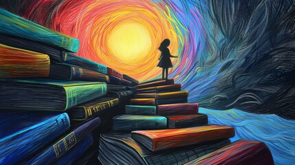 A silhouetted girl climbs a staircase of colorful books toward a vibrant, swirling sun. The surreal scene symbolizes the pursuit of knowledge, self-discovery, and a journey into the unknown, with