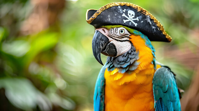 Colorful parrot dressed as pirate with jungle background