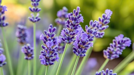 Fototapeta premium A close-up shot of a delicate purple lavender flower, with soft green stems and buds, against a blurred backdrop of a lavender field