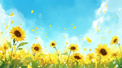 A colorful field of blooming sunflowers under a bright blue sky, with golden petals radiating towards the sun, swaying gently in the breeze