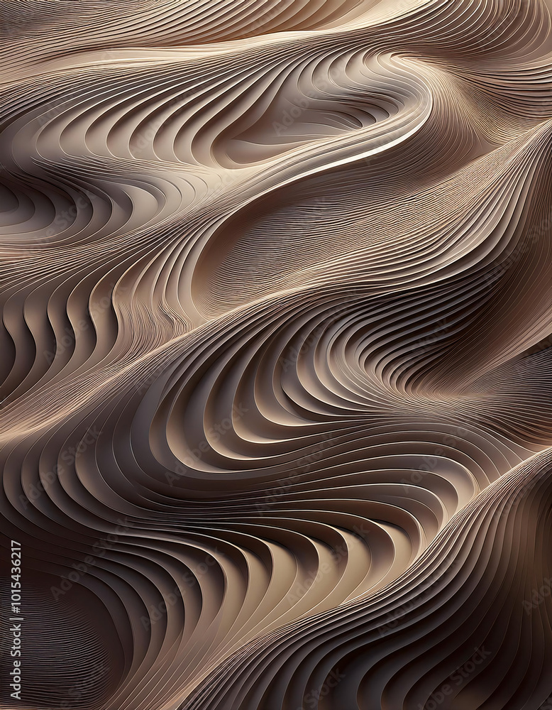 Poster flowing abstract layers of wavy lines in neutral tones, creating a textured, organic pattern resembl