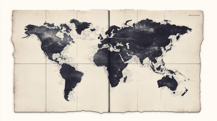 A vintage world map with torn edges in a distressed style.