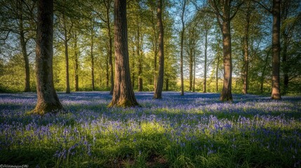 Fototapeta premium A field of bluebells in full bloom, with their tiny bell-shaped flowers creating a carpet of blue under the shade of tall trees