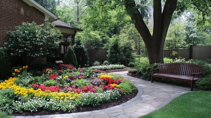 Obraz premium A front yard with colorful flower beds, a stone path, and a wooden bench under a large tree. No one is outside