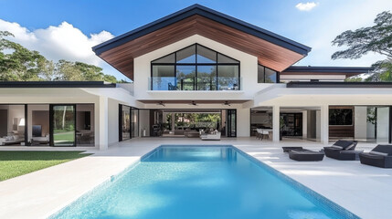 Modern house with a swimming pool in the backyard. The house is white with large windows and a wooden roof.  The pool is surrounded by a white tiled deck with lounge chairs.